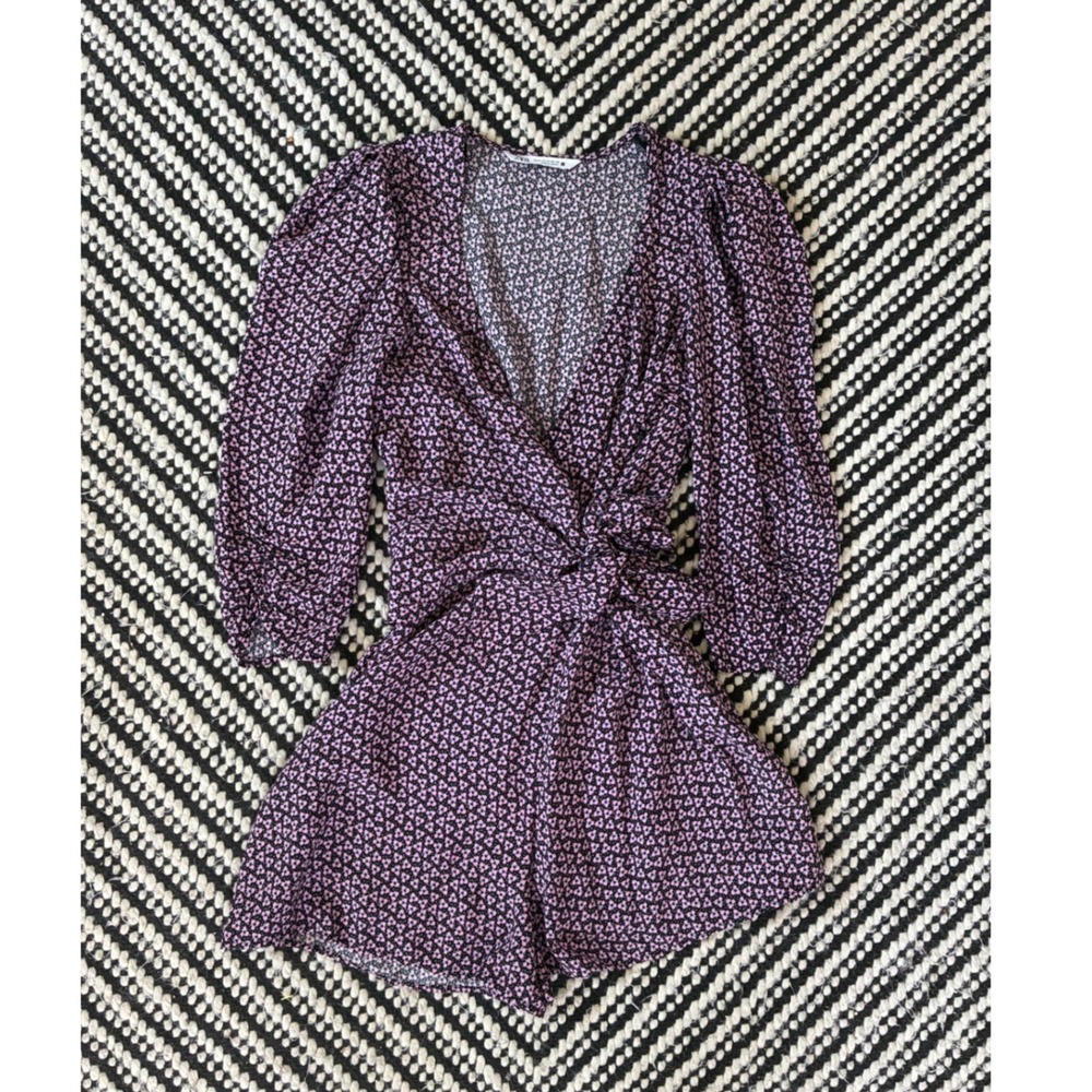 Zara Floral Wrap Romper Pink Purple Puff Sleeve V-Neck Mini Jumpsuit boho M‎